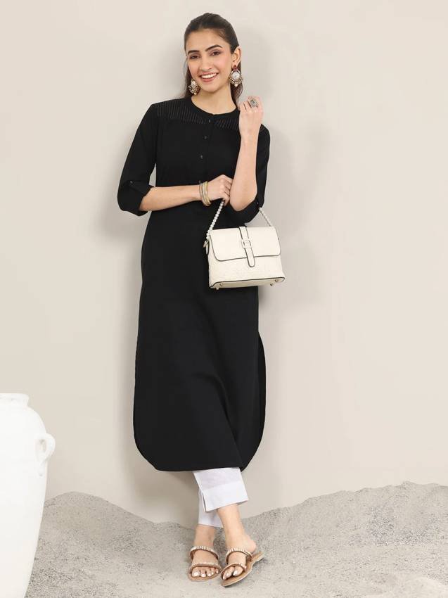 Black Solid Cotton Straight Kurta