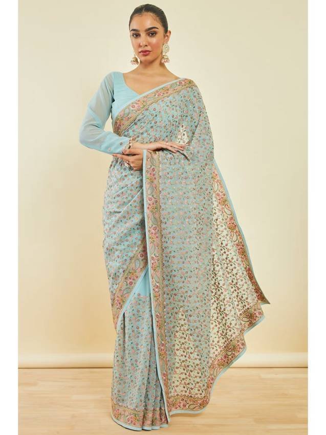 Blue Georgette Floral Print Saree with Unstitched Blouse