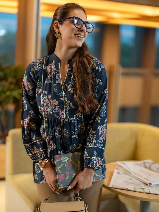 Blue Printed Silk Blend A-Line Short Kurti