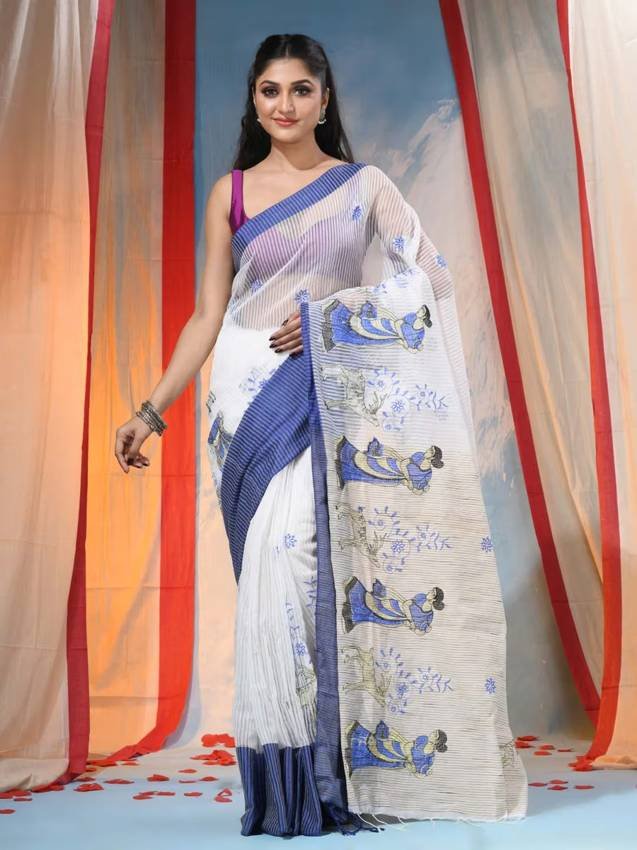Blue Women’s Traditional Bengal Handloom Saree with Unstitched Blouse