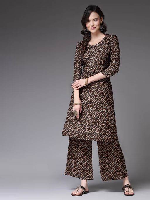 Brown Printed Kurta with Palazzo (Set of 2)