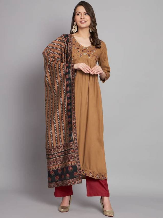 Brown Rayon Alia Cut A-line Kurta & Dupatta Set (Set of 2)