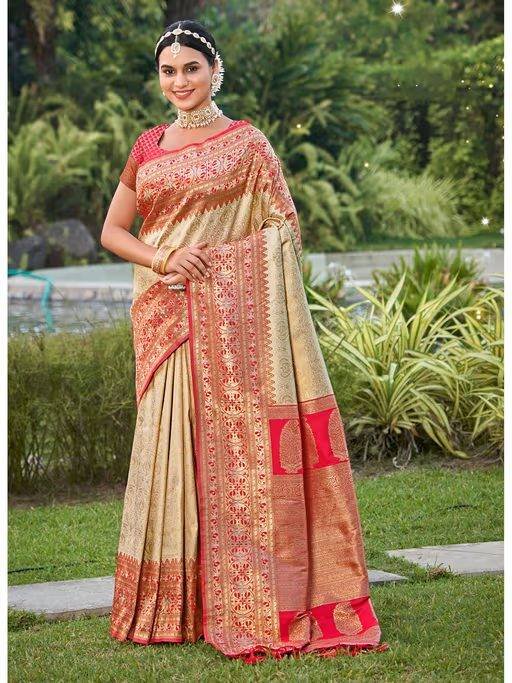 Cream Kanjivaram Silk Woven Work Traditional Tassels Saree with Unstitched Blouse