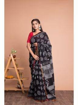 Floral Hand Block Printed Cotton Mulmul Saree with Unstitched Blouse – Black