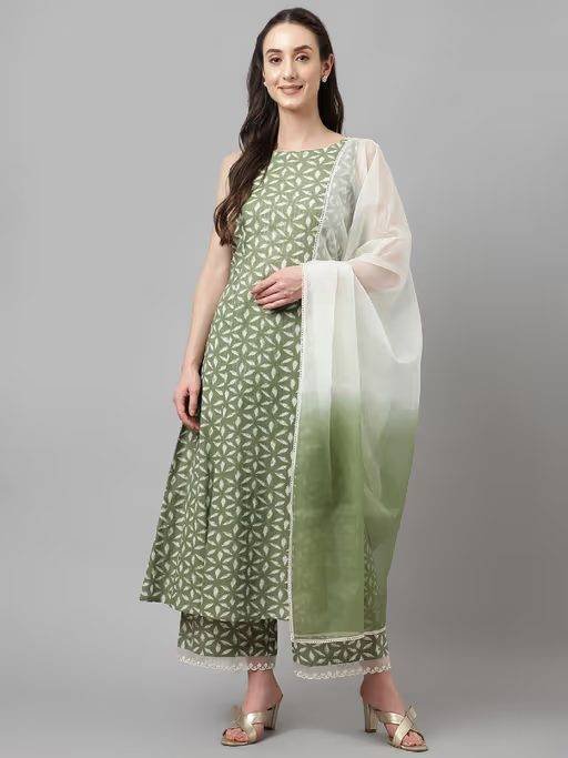 Green Floral Kurta and Palazzo with Dupatta (Set of 3)