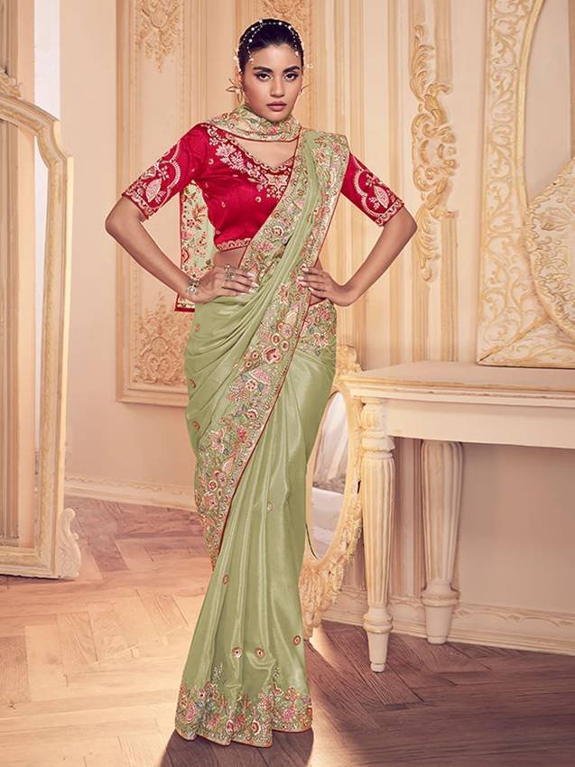 Green Georgette Embroidered Saree with Unstitched Blouse