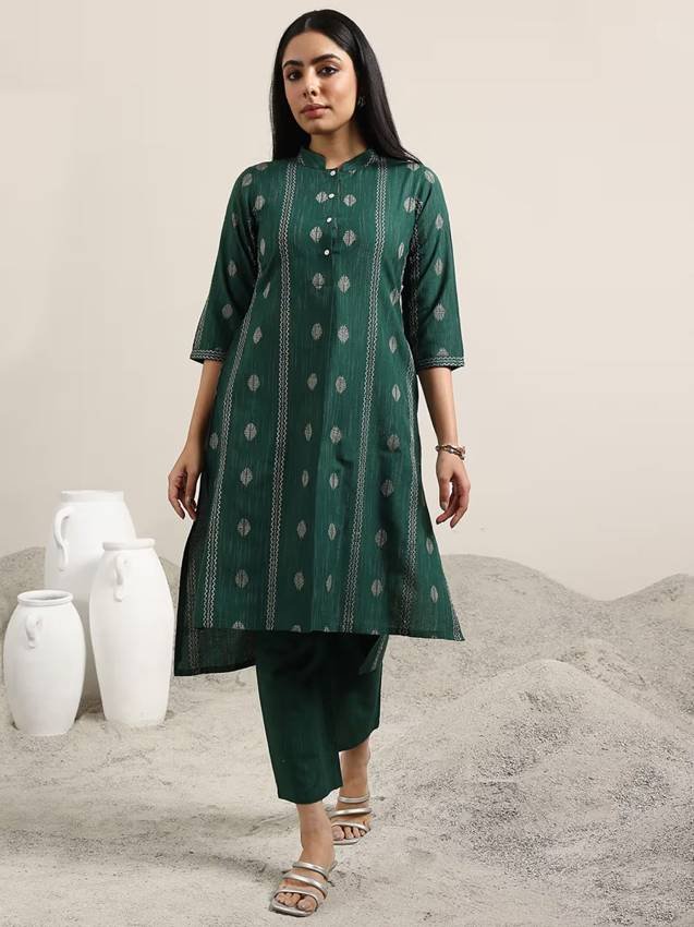 Green Woven Design Cotton Blend Straight Kurta Set for Women