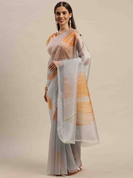 Grey and Yellow Organza Digital Floral Printed Traditional Saree with Unstitched Blouse