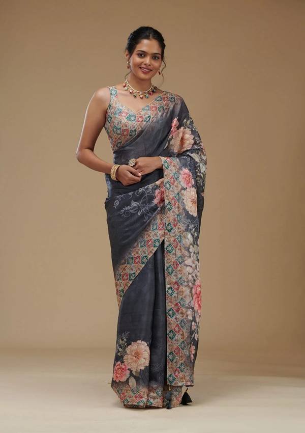 Grey Printed Tissue Saree