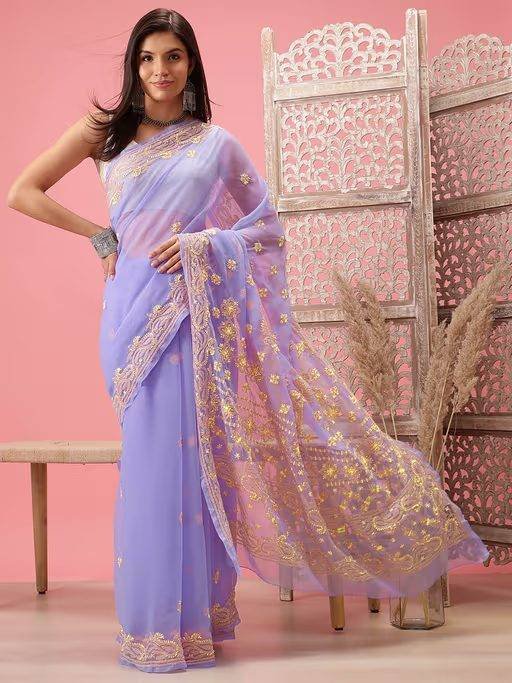 Hand Embroidered Blue – Yellow Georgette Lucknowi Chikankari Saree with Unstitched Blouse