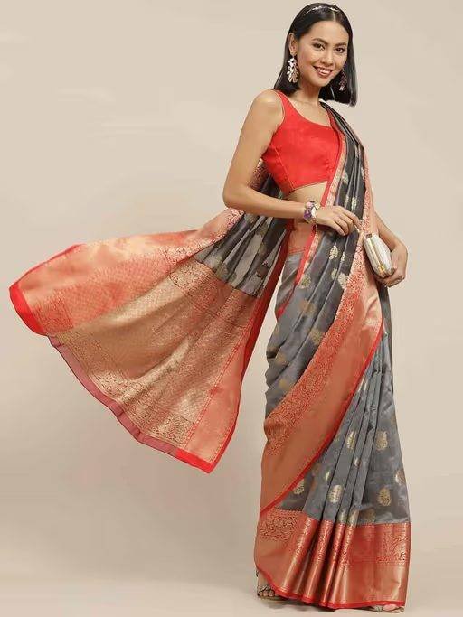 Kanjiwaram Silk Woven Saree with Unstiched Blouse Piece Grey with Unstitched