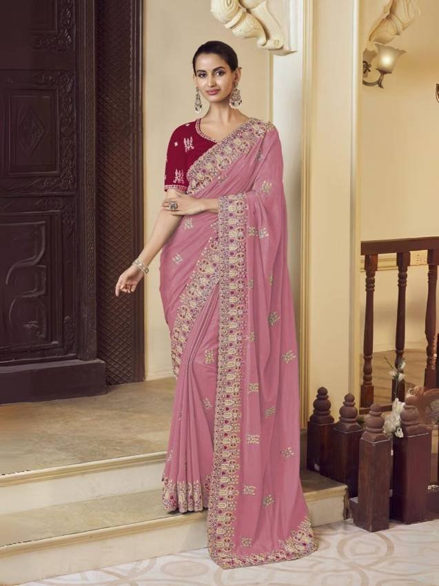 Light Pink Georgette Embroidered Elegant Saree with Unstitched Blouse