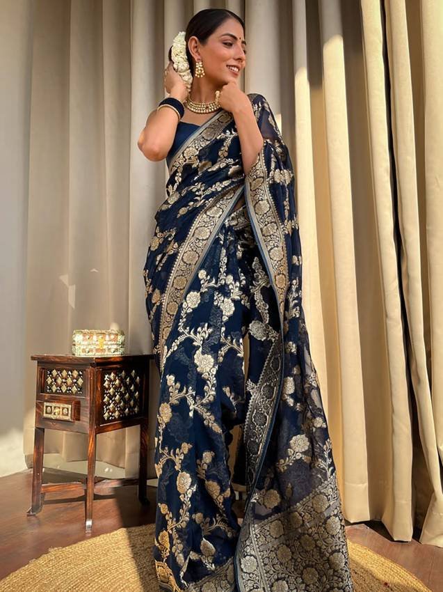 Midnight Blue Banarasi Khaddi Weaved Georgette Saree with Unstitched Blouse