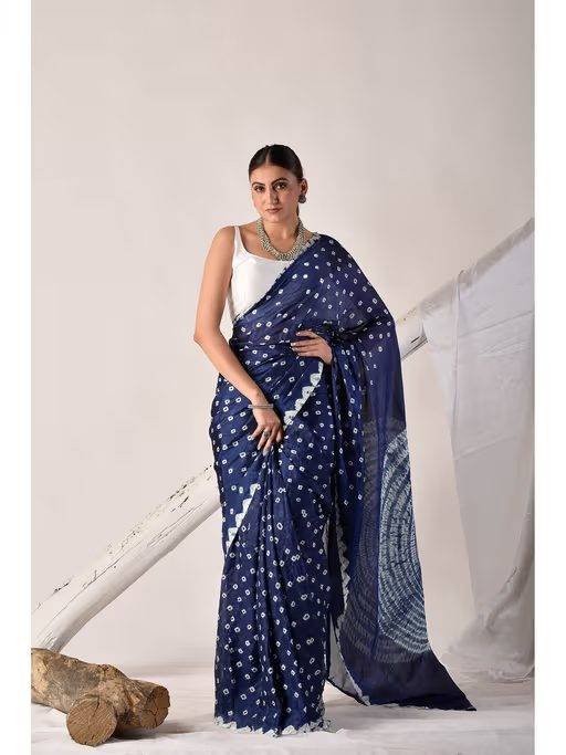 Navy Blue Tie and Dye Silk Saree with Unstitched Blouse