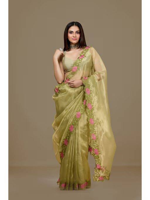 Olive Fancy Tissue Embroidered Floral Border Saree with Unstitched Blouse