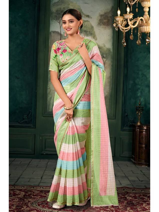 Olivine Green Chanderi Linen Saree with Unstitched Blouse