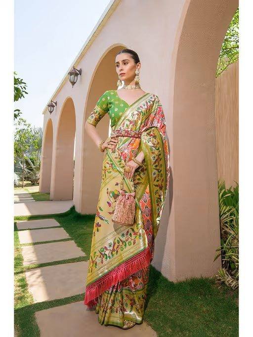 Peach & Green Zari Woven Design Pathani Silk Saree with Unstitched Blouse