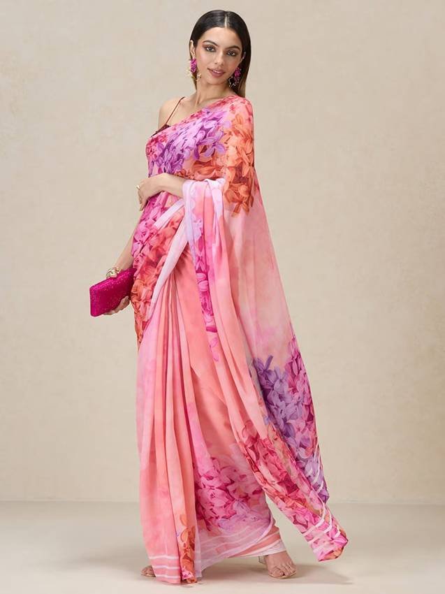 Pink Chiffon Floral Print Saree with Unstitched Blouse