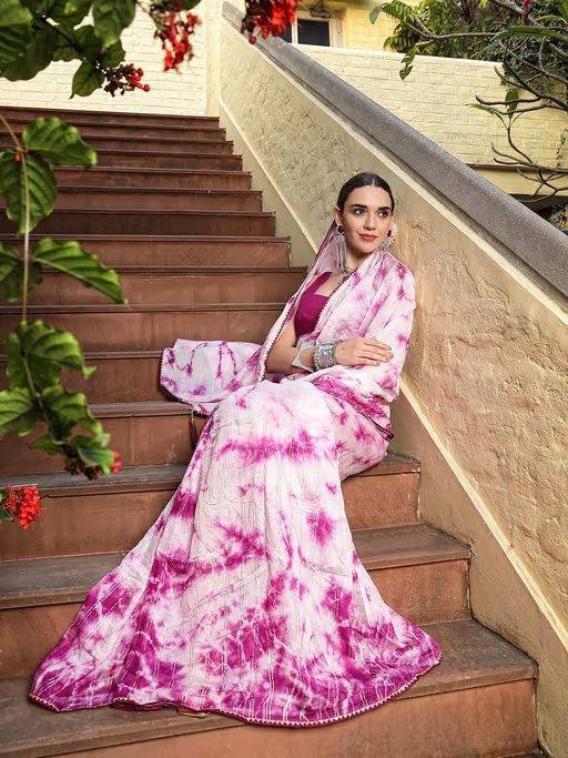 Pink Printed Saree with Unstitched Blouse