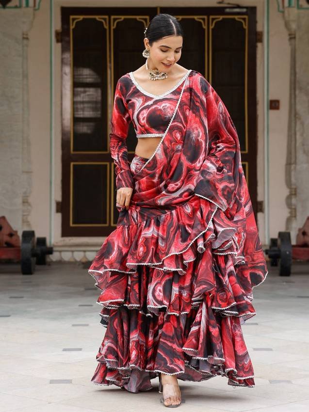 Printed Gota Satin Red Pre-Draped Saree With Stithed Blouse