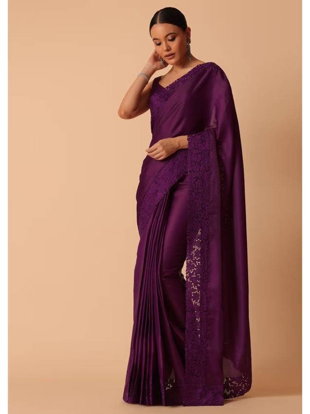 Purple Organza Saree with Lace Border with Unstitched Blouse