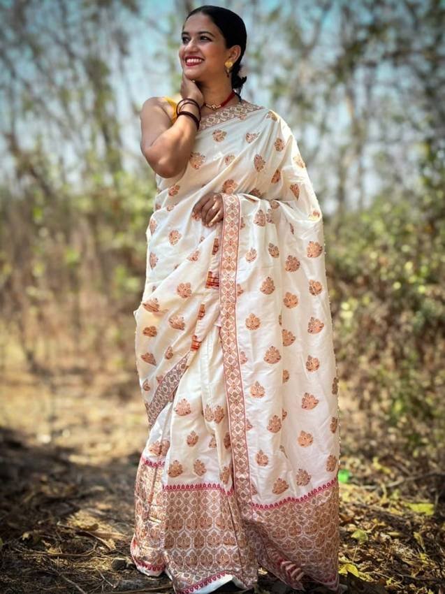 White Silk Mekhela Chador Saree with Unstitched Blouse
