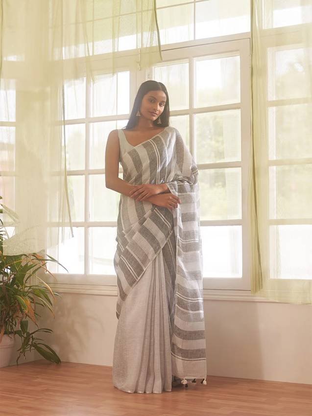White Stripes Saree with Unstitched Blouse