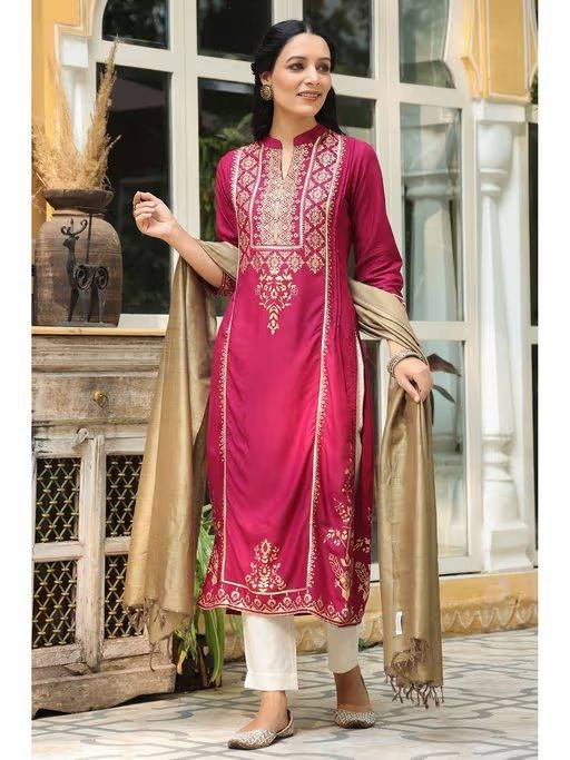 Wine Ethnic Motif Printed Rayon Straight Kurta & Dupatta Set with Buttons