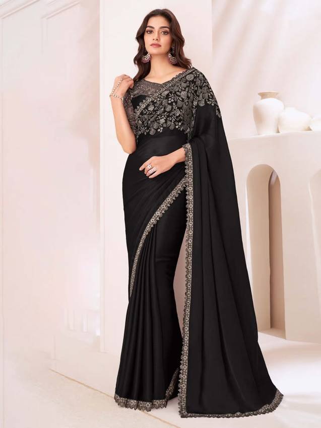 Women Chiffon Black Embellished Designer Saree with Unstitched Blouse