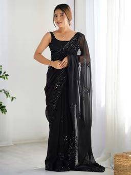 Women Georgette Black Embellished Designer Saree with Unstitched Blouse