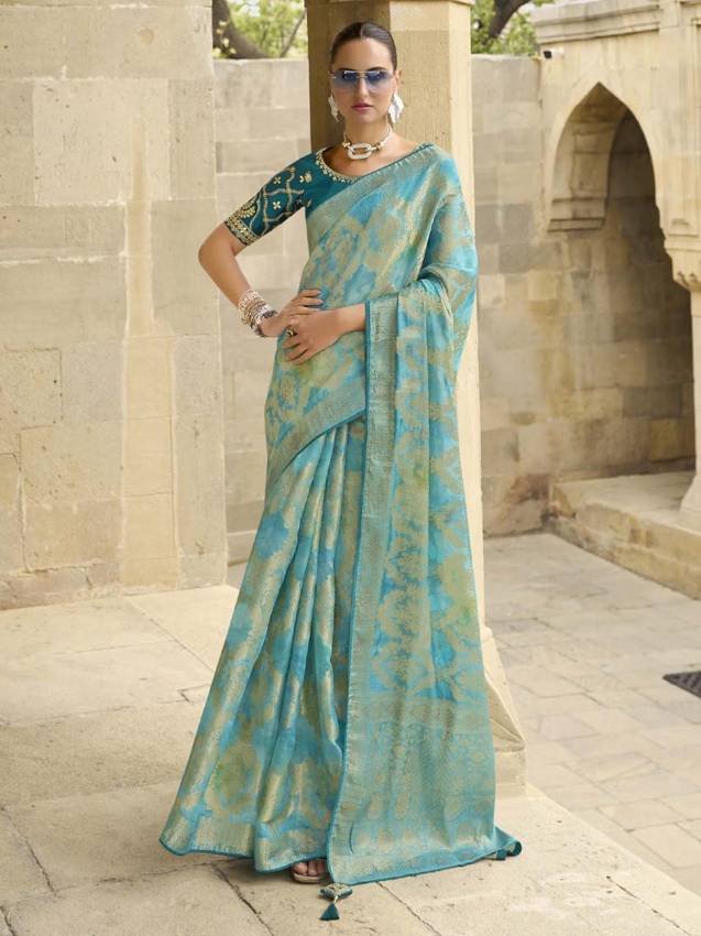 Women Jacquard Light Blue Woven Design Designer Saree with Unstitched Blouse