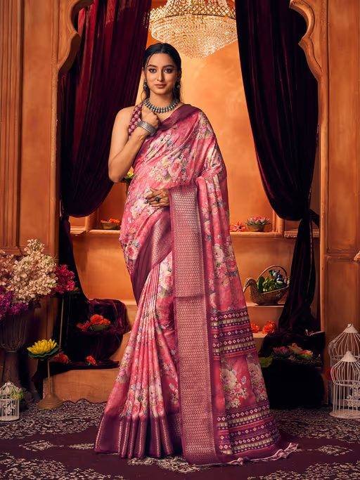 Women Pink Floral Design Silk Cotton Mysore Silk Saree with Unstitched Blouse