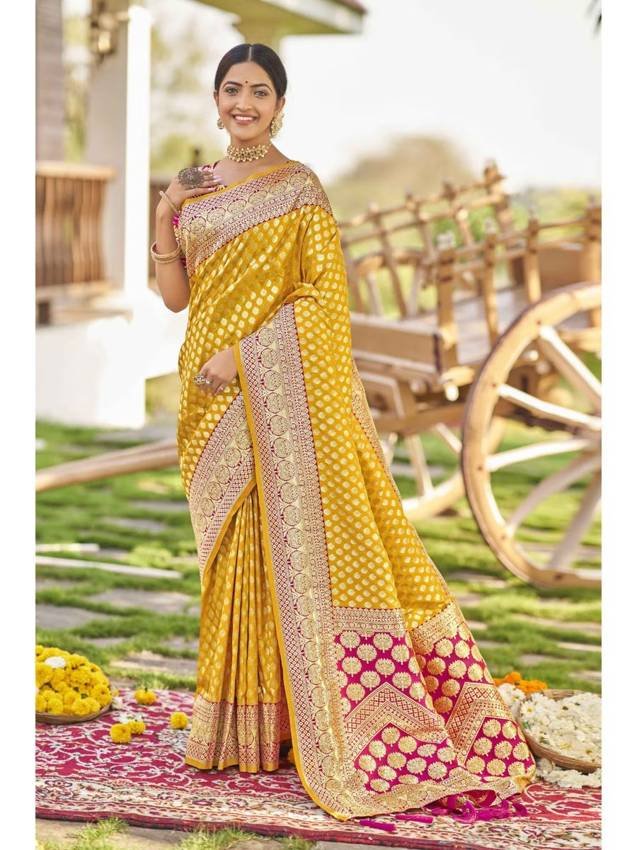 Women Yellow and Pink Woven Banarasi Silk Saree with Unstitched Blouse