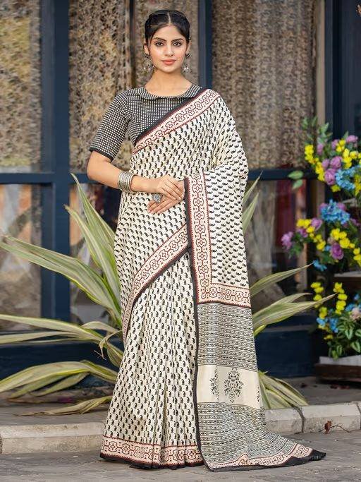 Womens Bhagalpuri Silk Off White Printed Designer Saree with Unstitched Blouse
