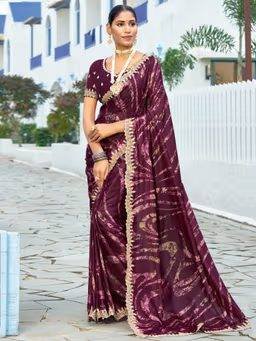 Women’S Chiffon Burgundy Printed Embellished Designer Saree with Unstitched Blouse