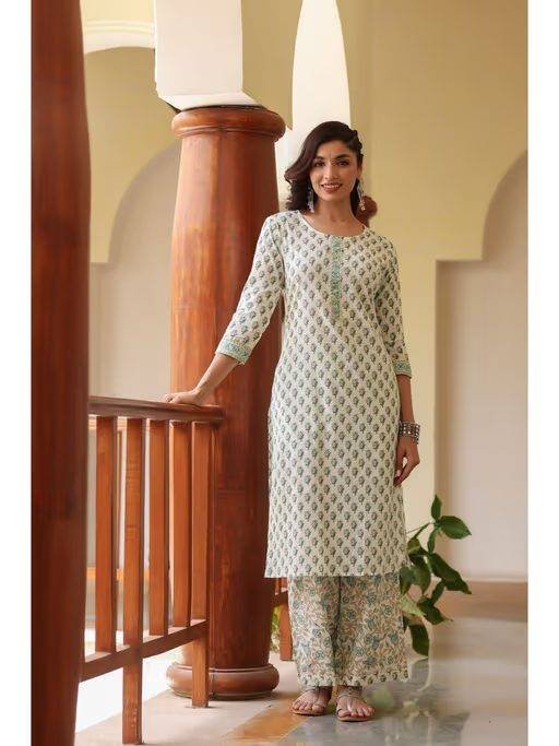 Womens Cotton Blend Printed Kurta Palazzo White (VKSET1141) (Set of 2)