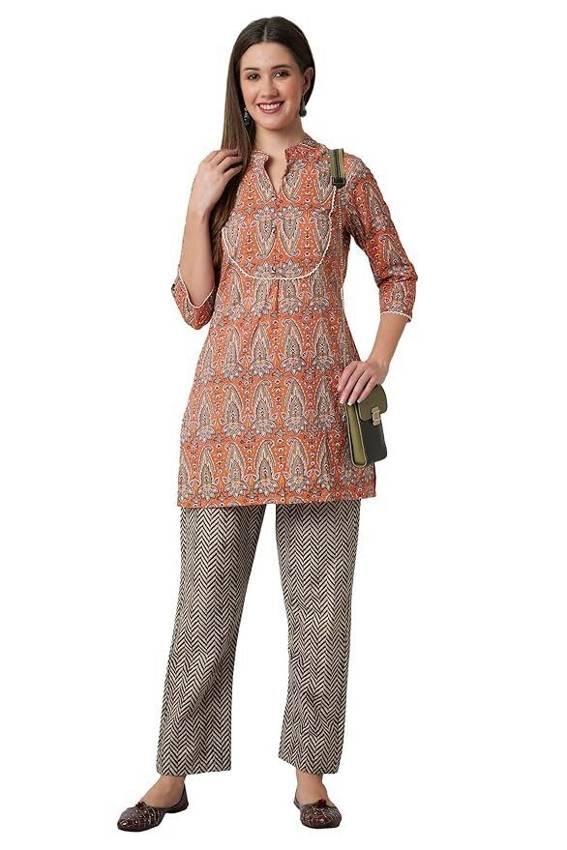 Women’s Cotton Short Kurta with Pants – (Orange)