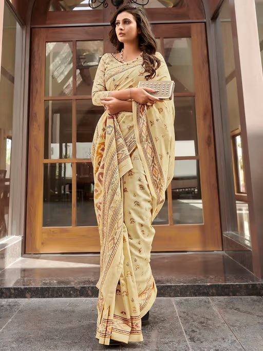 Women’s Cotton Silk Beige Printed Designer Saree With Blouse Piece with Unstitched