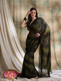 Womens Ethnic Olive Saree with Unstitched Blouse