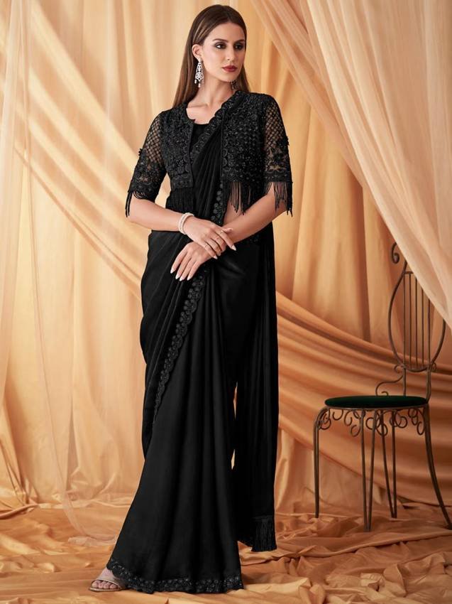 Womens Georgette Black Embellished Designer Saree with Unstitched Blouse