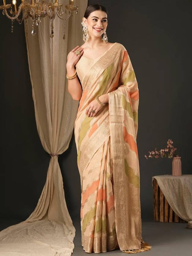 Womens Georgette Cream Woven Design Designer Saree with Unstitched Blouse