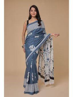 Womens Grey Print Saree with Unstitched Blouse