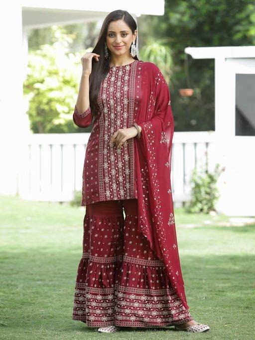 Womens Maroon Mono Viscose Printed Straight Kurta Sharara Dupatta (set Of 3)