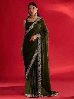 Womens Satin Olive Embellished Saree with Unstitched Blouse