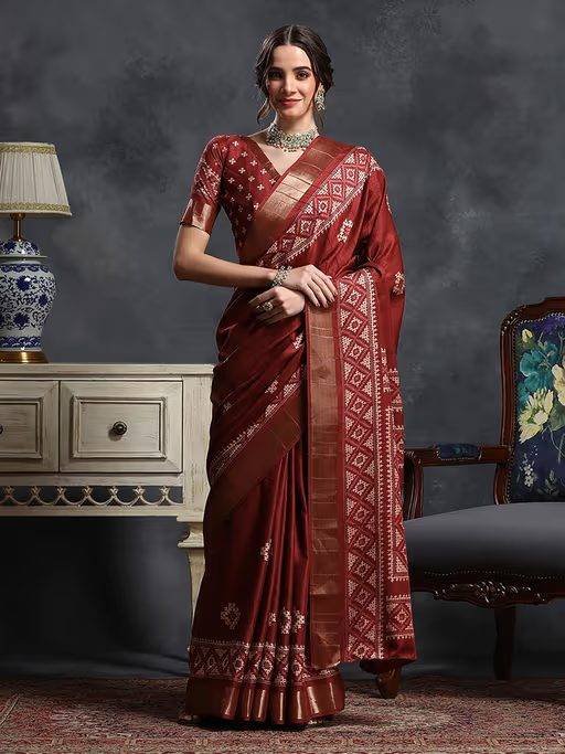 Women’s Silk Blend Maroon Printed Designer Saree with Unstitched Blouse