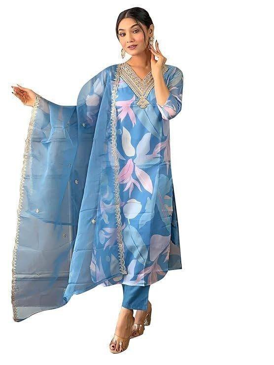 Women’s Sky Organza with Cotton Lining Embroidered and Printed Straight Kurta with Rayon Pant and Organza Laced Dupatta Sets