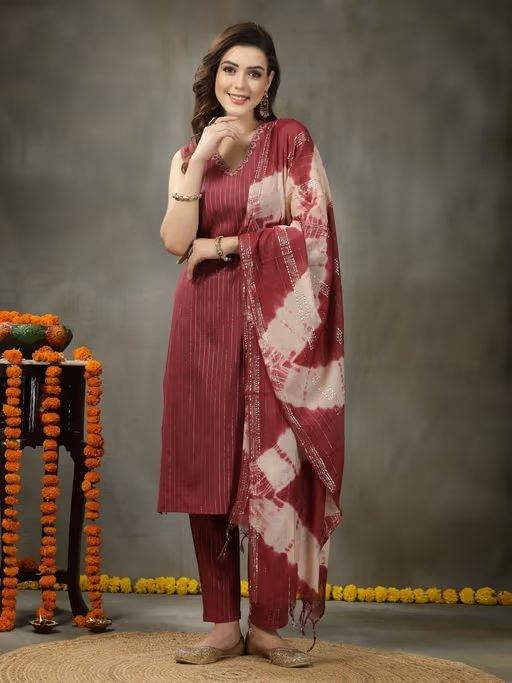 Womens Woven Designed Cotton Blend Straight Kurta with Pant & Dupatta (Set of 3)